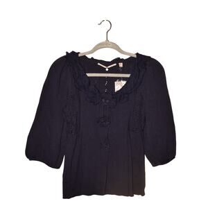 ANTHROPOLOGIE NEW $98 Knitted‎ & Knotted Navy Ruffle Trim Cardigan Medium